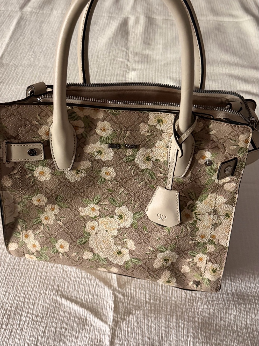 Nine West Floral Print Satchel with Cream Handles